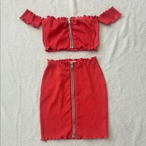 Peach Zippered stretchy Women's Skirt Set